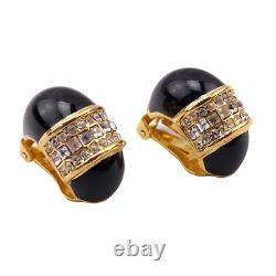 Vintage Christian Dior Huggie Clip On Earrings Black Enamel Crystal Gold Tone