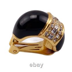 Vintage Christian Dior Huggie Clip On Earrings Black Enamel Crystal Gold Tone