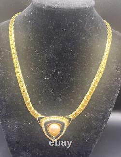 Vintage Christian Dior Signed black enamel rhinestone Faux Pearl necklace