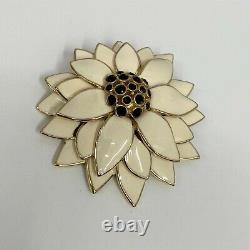 Vintage Ciner Flower Pin Very Large Black Jewels Ivory Tone Enamel Leaves