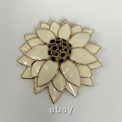Vintage Ciner Flower Pin Very Large Black Jewels Ivory Tone Enamel Leaves