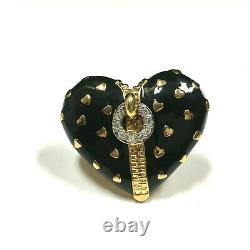 Vintage D'ORLAN (Boucher) Black Enamel ZIPPER HEART Brooch Rhinestone Gold MM9ZX