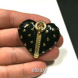 Vintage D'ORLAN (Boucher) Black Enamel ZIPPER HEART Brooch Rhinestone Gold MM9ZX