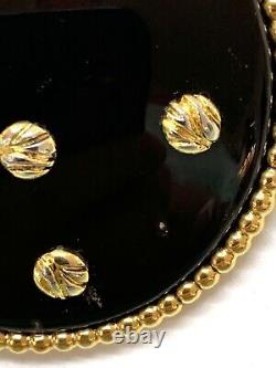 Vintage Dominique Aurientis Round Gold & Black Enamel Pin Brooch Signed
