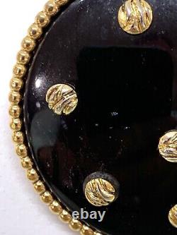 Vintage Dominique Aurientis Round Gold & Black Enamel Pin Brooch Signed