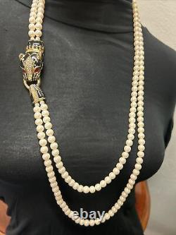Vintage Double Strand Faux Pearl Enamel Rhinestone Black Panther Necklace 1980s