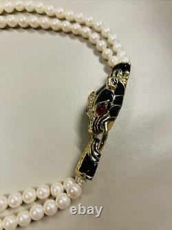 Vintage Double Strand Faux Pearl Enamel Rhinestone Black Panther Necklace 1980s