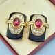Vintage Earrings Nina Ricci 1980s Black Enamel Pink Crystal Goldtone Jewellery