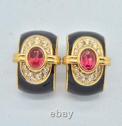 Vintage Earrings NINA RICCI 1980s Black Enamel Pink Crystal Goldtone Jewellery