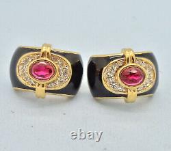 Vintage Earrings NINA RICCI 1980s Black Enamel Pink Crystal Goldtone Jewellery
