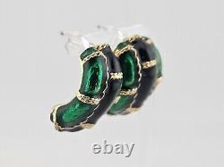 Vintage Estate Gold Tone IRIDESCENT GREEN and BLACK Enamel Earrings CHUNKY