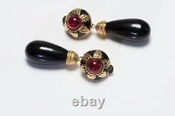 Vintage FENDI Gold Plated Black Enamel Red Glass Drop Earrings