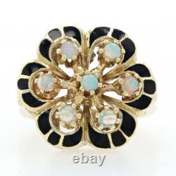 Vintage Floral Opal Ring 14k Yellow Gold Cluster Black Enamel Size 5