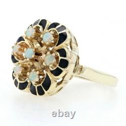 Vintage Floral Opal Ring 14k Yellow Gold Cluster Black Enamel Size 5