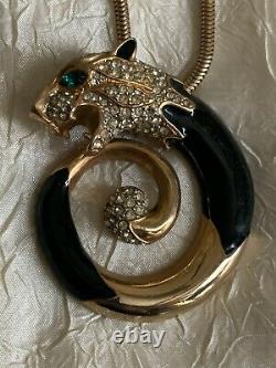 Vintage French Designer Necklace Gold & Black Panther, enamel, Tubogas chain