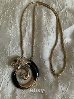 Vintage French Designer Necklace Gold & Black Panther, enamel, Tubogas chain