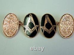 Vintage Gents Heavy 9ct Rose Gold Black Enamelled Masonic Oval Cufflinks