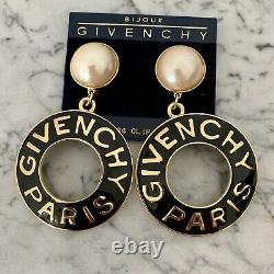 Vintage Givenchy Gold Black Enamel Pearl Drop Jumbo XL Earrings Clip On