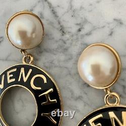 Vintage Givenchy Gold Black Enamel Pearl Drop Jumbo XL Earrings Clip On