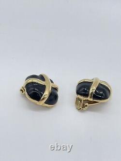 Vintage Givenchy Paris New York Black Enamel Gold Tone Square Clip On Earrings