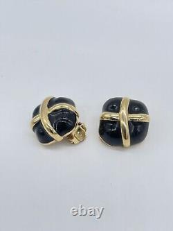 Vintage Givenchy Paris New York Black Enamel Gold Tone Square Clip On Earrings