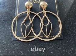 Vintage Gold Black Enamel Pendant Dangly Drop Circle Hoop Ring Pierced Earrings