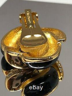 Vintage Gold Christian DIOR Black Enamel Rhinestone Crystal Clip On Earrings