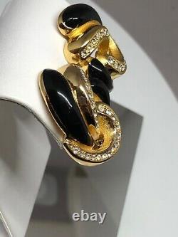 Vintage Gold Christian DIOR Black Enamel Rhinestone Crystal Clip On Earrings