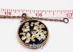 Vintage Gold Filled Black Enamel Glass Stone Paste Floral Photo Locket Pendant