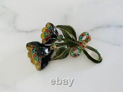 Vintage Green, black Enamel gold tone metal & Rhinestone Flower Brooch