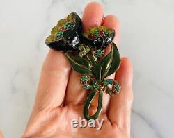 Vintage Green, black Enamel gold tone metal & Rhinestone Flower Brooch