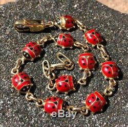 Vintage Italy 14K Yellow Gold & Red & Black Enamel 10 Ladybug Link Bracelet