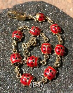 Vintage Italy 14K Yellow Gold & Red & Black Enamel 10 Ladybug Link Bracelet