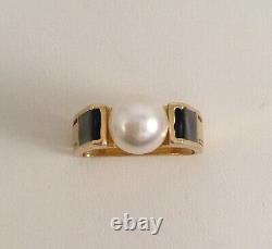 Vintage Jewellery Gold Ring White Pearl Black Enamel Antique Deco Jewelry