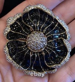 Vintage Judith Leiber Gold Plated Black Enamel And Crystal Flower Pin Brooch