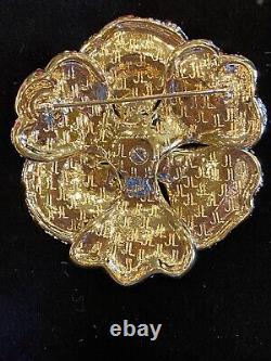Vintage Judith Leiber Gold Plated Black Enamel And Crystal Flower Pin Brooch