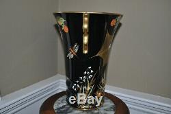 Vintage Large CARLTON WARE Spider Web Black Porcelain & Enamel Vase, 11 1/2
