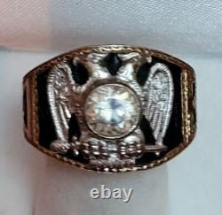 Vintage Masonic 14K 2-Tone Gold Black Enamel Double Headed Eagle Ring Size 8.25