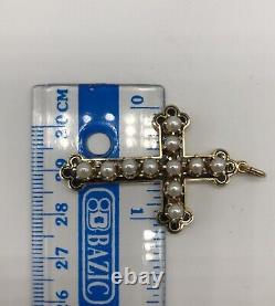 Vintage Pearl Gold Cross 14k Yellow Gold With Black Enamel Brooches & Pins Piece