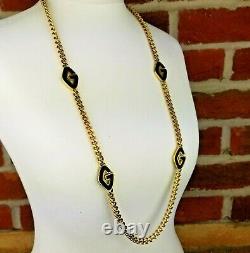 Vintage RARE Stunning Signed GIVENCHY G Link Black Enamel Gold Tone Necklace