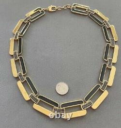 Vintage ST. JOHN Gold Tone Black Enamel Rhinestone Chain Link Collar Necklace