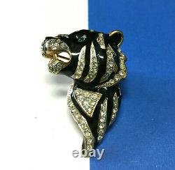 Vintage Signed CRAFT Tiger BROOCH Rhinestone & Black Enamel Gold PL VV319