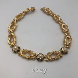 Vintage Signed FENDI Black Enamel Faux Pearl Gold Plated Collar Necklace