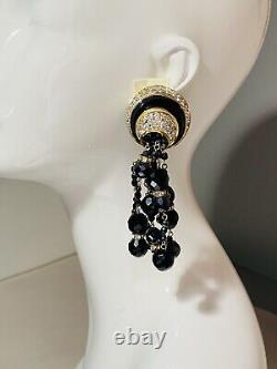 Vintage Signed Valentino Massive 4in Gold & Black Bead Crystal Enamel Earrings