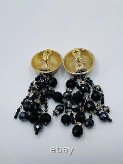 Vintage Signed Valentino Massive 4in Gold & Black Bead Crystal Enamel Earrings