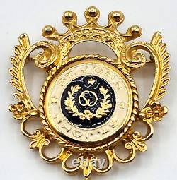 Vintage St John Gold Plated White & Black Enamel Crown Dangle Cross Pin Brooch