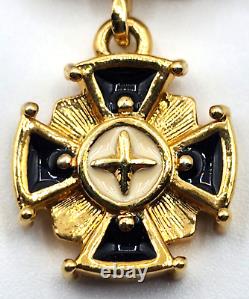 Vintage St John Gold Plated White & Black Enamel Crown Dangle Cross Pin Brooch