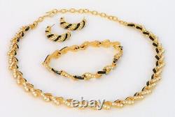 Vintage Swarovski Gold Tone Crystal Black Enamel Earring Necklace Bracelet Set