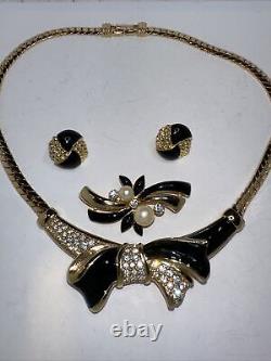 Vintage Swarovski Swan Gold Tone Black Enamel set earrings, brooch necklace