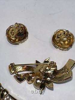 Vintage Swarovski Swan Gold Tone Black Enamel set earrings, brooch necklace